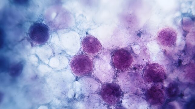 Magnified view of stained onion cells under a microscope