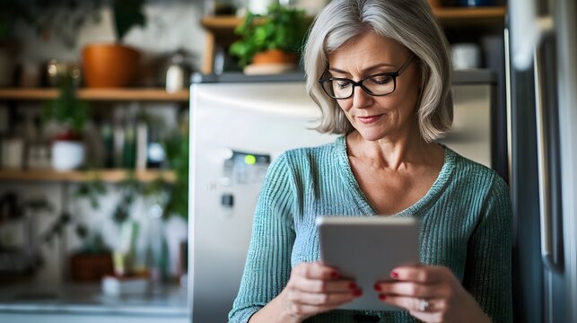 woman over 40 browsing smart fridge for recipe suggestions