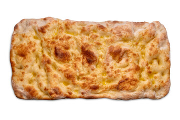 Flatbread focaccia or crushed flat bread with olive oil, isolated on white in top view