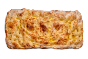 Flatbread focaccia or crushed flat bread with olive oil, isolated on white in top view