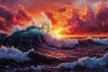 Fototapeta premium Stunning Ocean Wave at Sunset with Vibrant Sky and Dramatic Clouds Capturing the Beauty and Power of Nature in a Dynamic Seascape