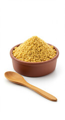 Brazilian farofa with eggs and onion, top view, isolated on white background