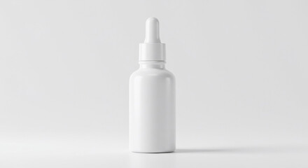 White dropper bottle placed on a minimalist surface in a well-lit environment for product display
