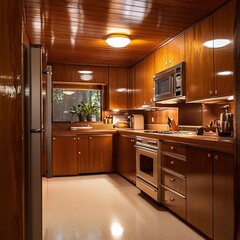 Fototapeta premium Mid-century modern kitchen with warm wood paneling – stylish interior featuring deep wood cabinets, retro design elements, and natural tones for elegant home architecture and lifestyle visuals