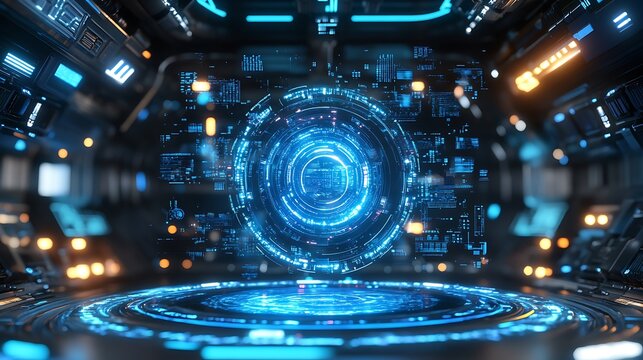 Futuristic digital interface with glowing blue holographic circles.