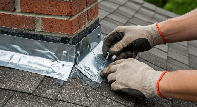 Homeowner performs chimney flashing repair on a roof during daylight, ensuring waterproof integrity after recent rain