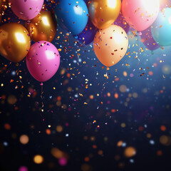 Colorful balloons. Birthday party background. Dark backdrop and confetti. Celebration background with copy space for text on the bottom. Square format