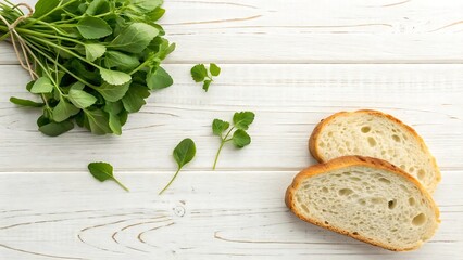 Minimalist Top Down Photo Fresh Green Herb Leaves and Partially Visible Slice of Soft White Bread on Light Wooden Surface