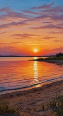 Obraz premium Pixelated Sunset Over Water A Coastal Scene with Golden Light And Clouds Photo