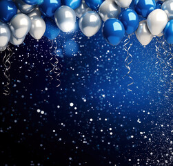Blue and white balloons. Birthday party background. Dark backdrop and confetti. Celebration background with copy space for text on the bottom. Square format