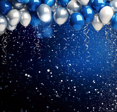 Blue and white balloons. Birthday party background. Dark backdrop and confetti. Celebration background with copy space for text on the bottom. Square format