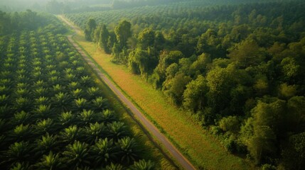 Lush Green Palm Oil Plantation Surrounded by Dense Forest Landscape
