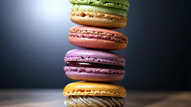 A stack of colorful macarons ready to be enjoyed. Each macaron boasts a different flavor and color, making for an eye-catching dessert presentation.
