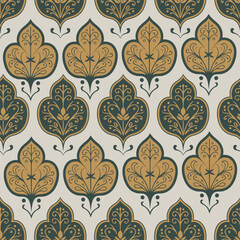 A decorative pattern featuring intricate floral motifs in rich colors of gold and green against a light background. This elegant design is perfect for textiles, wallpapers, 
