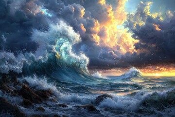 Dramatic Ocean Waves Crashing Against Rocky Shoreline Under Vibrant Sunset Sky with Majestic Clouds and Seagulls in Flight