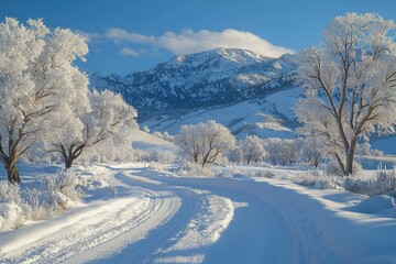 Serene Winter Landscape with Snow-Covered Trees and Mountain Under Clear Blue Sky