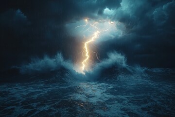 Fototapeta premium Dramatic Lightning Strike Over Turbulent Ocean Waves During a Stormy Night with Dark Clouds