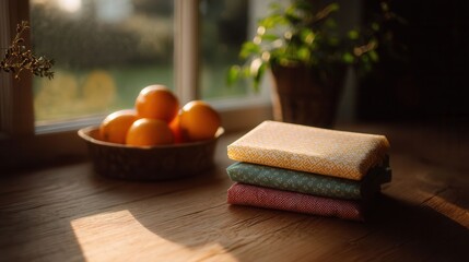 Colorful Fabrics with Citrus Fruits in a Sunlit Kitchen Setting