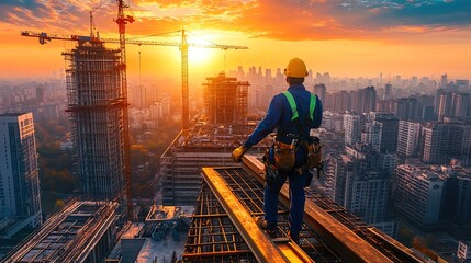 Naklejka premium Construction worker surveys cityscape at sunset from high-rise building under construction
