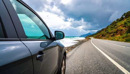 Obraz premium Gray Car Beside Ocean Road At Coastline