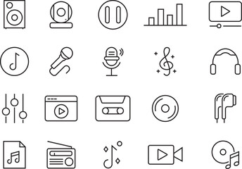 Music audio icons pack. Music notes symbol. Containing headphones, sound, music, equalizer, volume, earphones and speaker icons. Simple vector icons music Instruments collections.