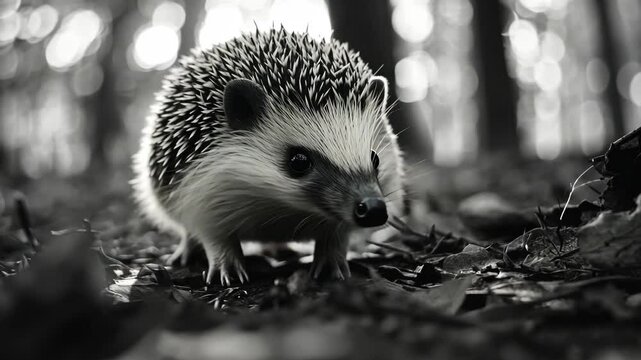Small hedgehog on forest floor, looking alert and curious.