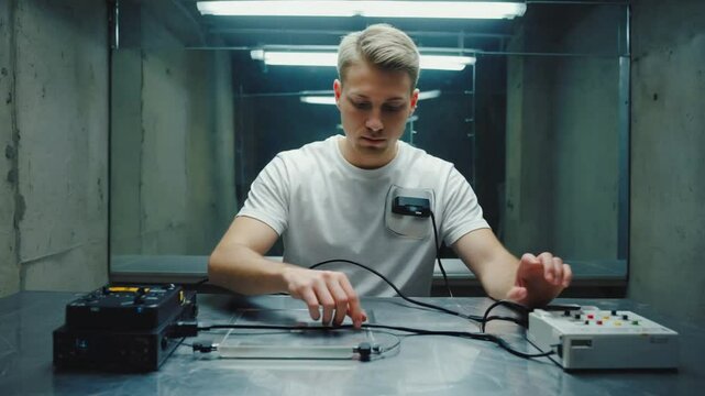 Man undergoing polygraph interrogation.