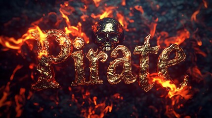 Golden, textured word pirate against a backdrop of fire and lava.
