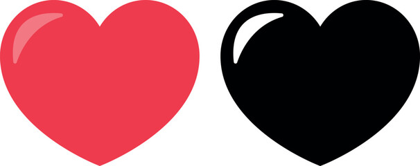 Set of 2 Glossy Heart Icons, Red and Black, Vector Symbol