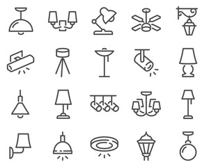 Simple Set of Lamps Related Vector Line Icons. Contains such Icons as Table Lamp, Floor Light, Spotlight and more