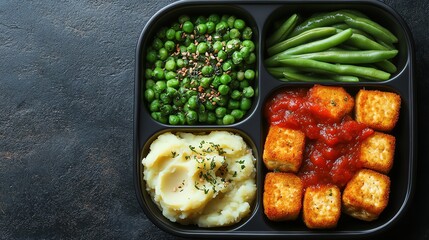 A balanced meal in a tray. It features peas, green beans, mashed potatoes, and fried tofu with tomato sauce. Healthy and convenient.