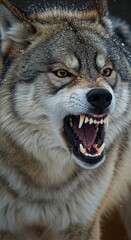 Obraz premium Snarling wolf displays formidable teeth