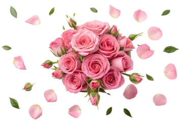 Pink Rose Bouquet with Scattered Petals on White Background 
