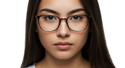 Fototapeta premium Close-up of a serious young woman with glasses and straight hair, with soft shadows enhancing facial details on a white background.