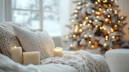 Cozy winter scene with lit candles, soft blankets, and a blurred Christmas tree in the background. Warm and inviting.