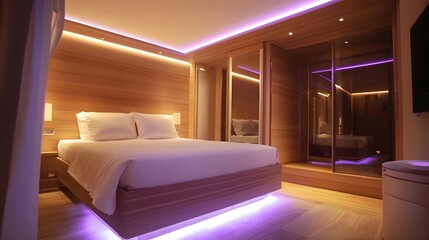 Stylish modern bedroom with integrated closet and smart lighting