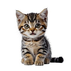 Obraz premium Cute purebred British Shorthair kitten sitting on a white background, a young domestic feline pet with soft fur