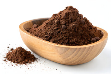 Rich brown cocoa powder sits in bowls and a cup, some isolated