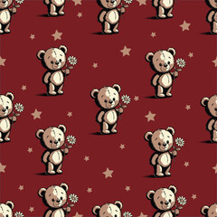 A charming pattern featuring cute teddy bears holding flowers against a rich red background, sprinkled with stars. This delightful design is perfect for children's products, textiles, 