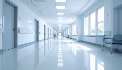 Long perspective of an empty hospital hallway with shiny tile flooring