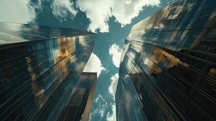 Skyscrapers pierce a dramatic, cloudy sky