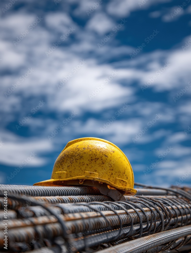 Poster hard hat resting on stacked rebar under a bright blue sky with scattered clouds during daylight hour