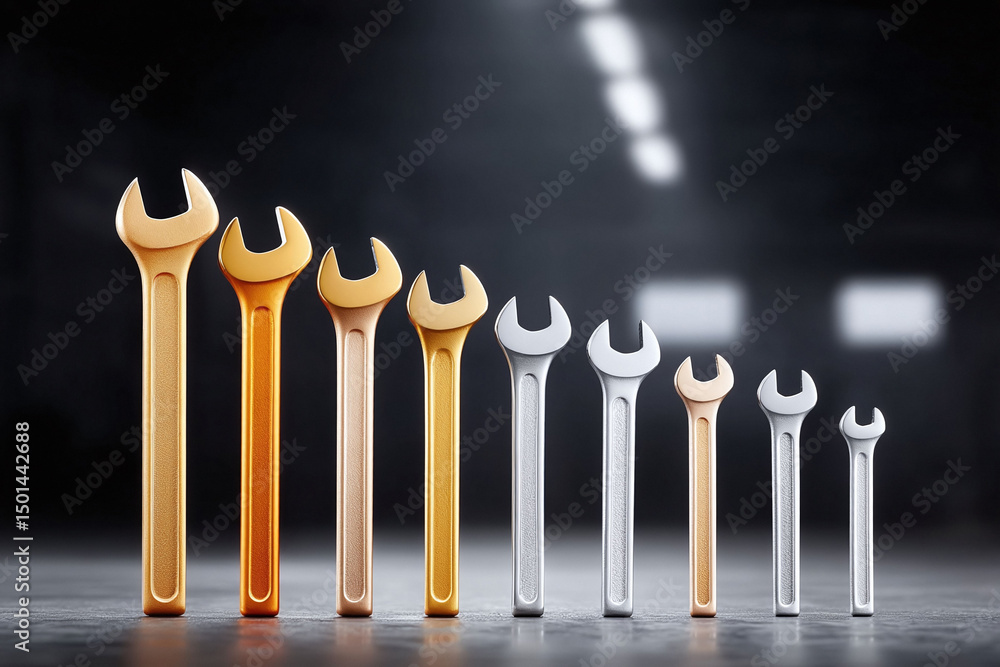 Poster sorted wrenches in ascending size, presented in golds and silvers on a blurred background. represent