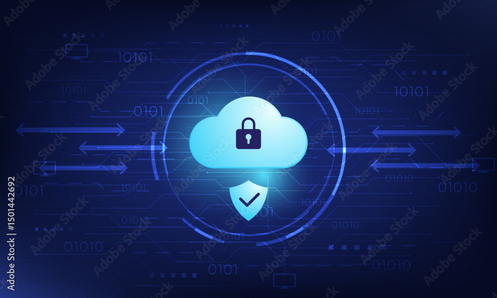 Poster futuristic secure cloud network with lock and shield icon