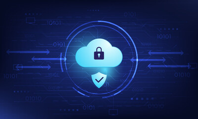 Fototapeta premium Futuristic Secure Cloud Network with Lock and Shield Icon