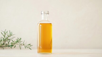 A bottle of golden olive oil with a fresh rosemary sprig.  Healthy cooking, Mediterranean diet, natural product concept.