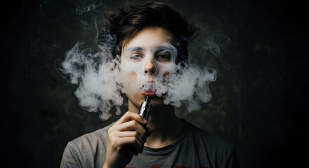 Obraz premium Young man vaping but the smoke formed into a skull on his face, vaping harmful