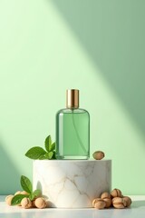 Pistachio fragrance displayed on a marble pedestal with nuts and mint leaves against a softly lit green background