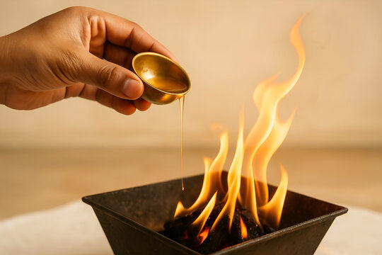 Devotee's hand pouring ghee into sacred fire during Hindu Aarti ritual, brass bowl in hand, vibrant flames rising from havan kund, symbol of offering, purification, and divine worship