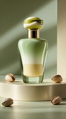 Pistachio perfume on display with natural light and softly arranged nuts around it